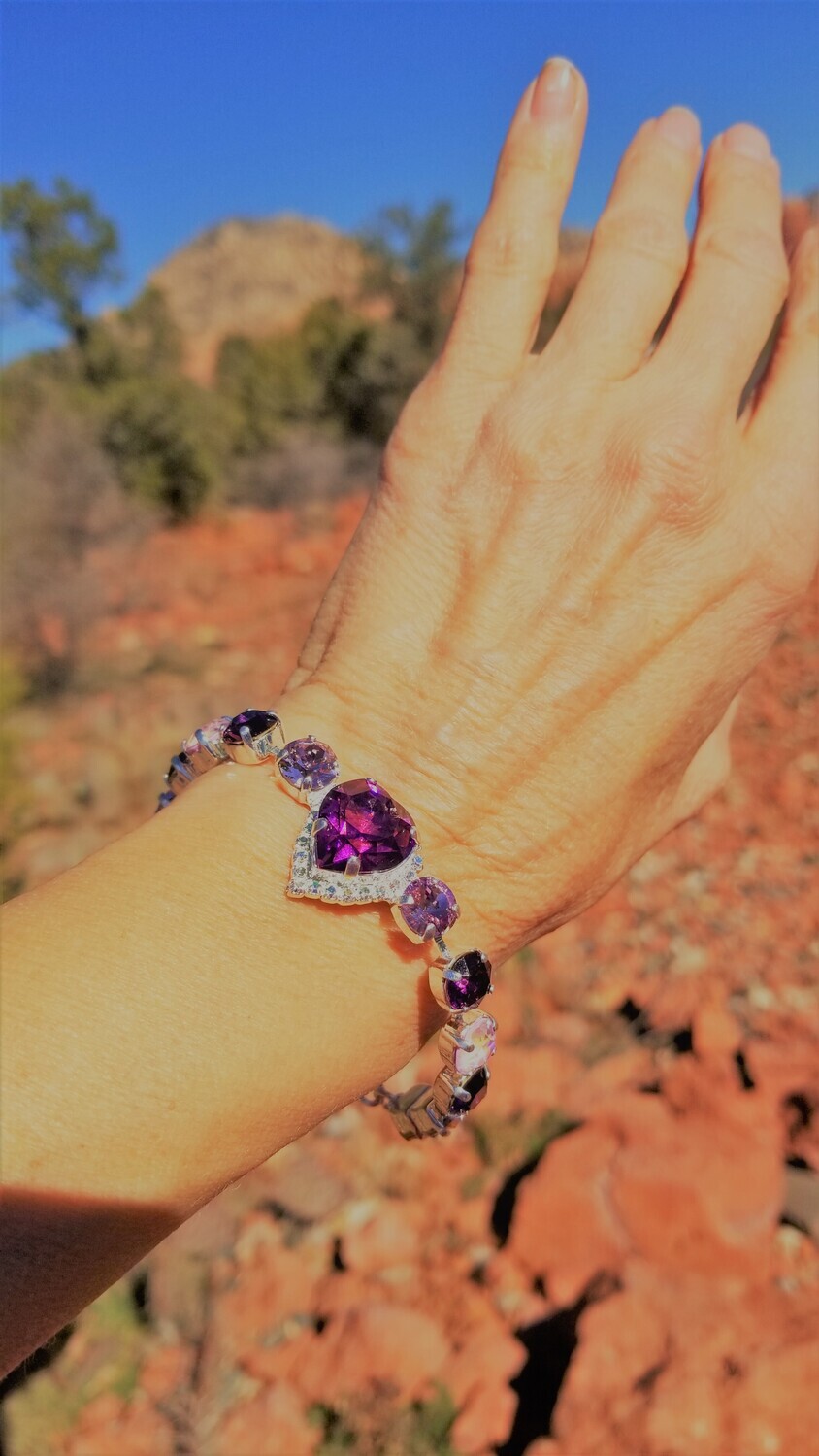 Gorgeous Silver Fuchsia Heart of the Rose Ray/Devic Crystal LOVE Bracelet $188/$288 Retreat Sale