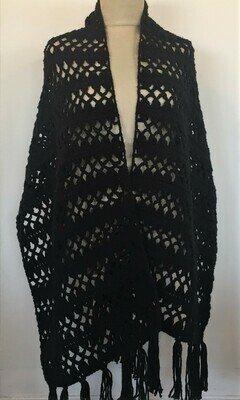 Black wool Crochet Shawl 52X180cm