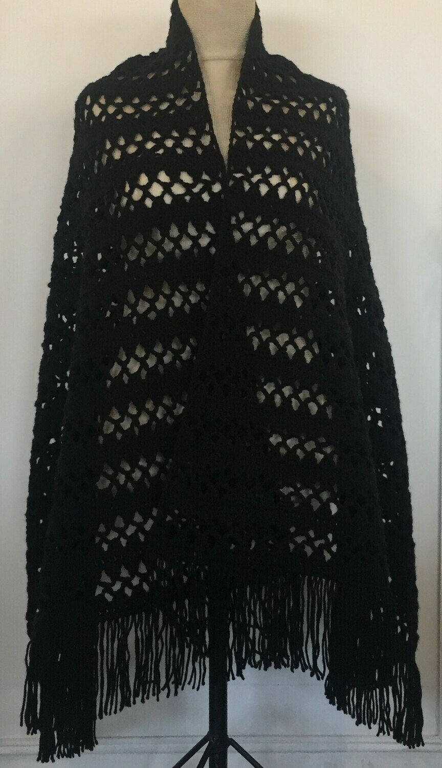 Black wool crochet shawl 70X180cm