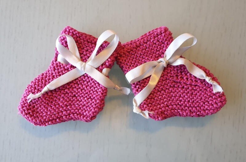 Baby Booties: Raspberry Fuchsia with Greyish White Ribbon