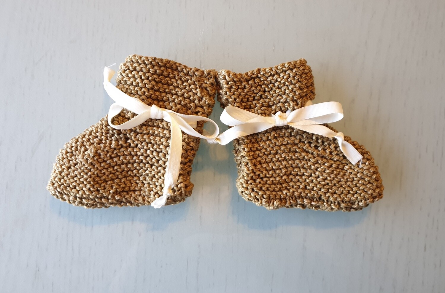 Baby Booties: Honey Brown with Off White Ribbon