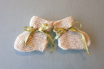 Baby Booties: Off White with Olive Green Ribbon