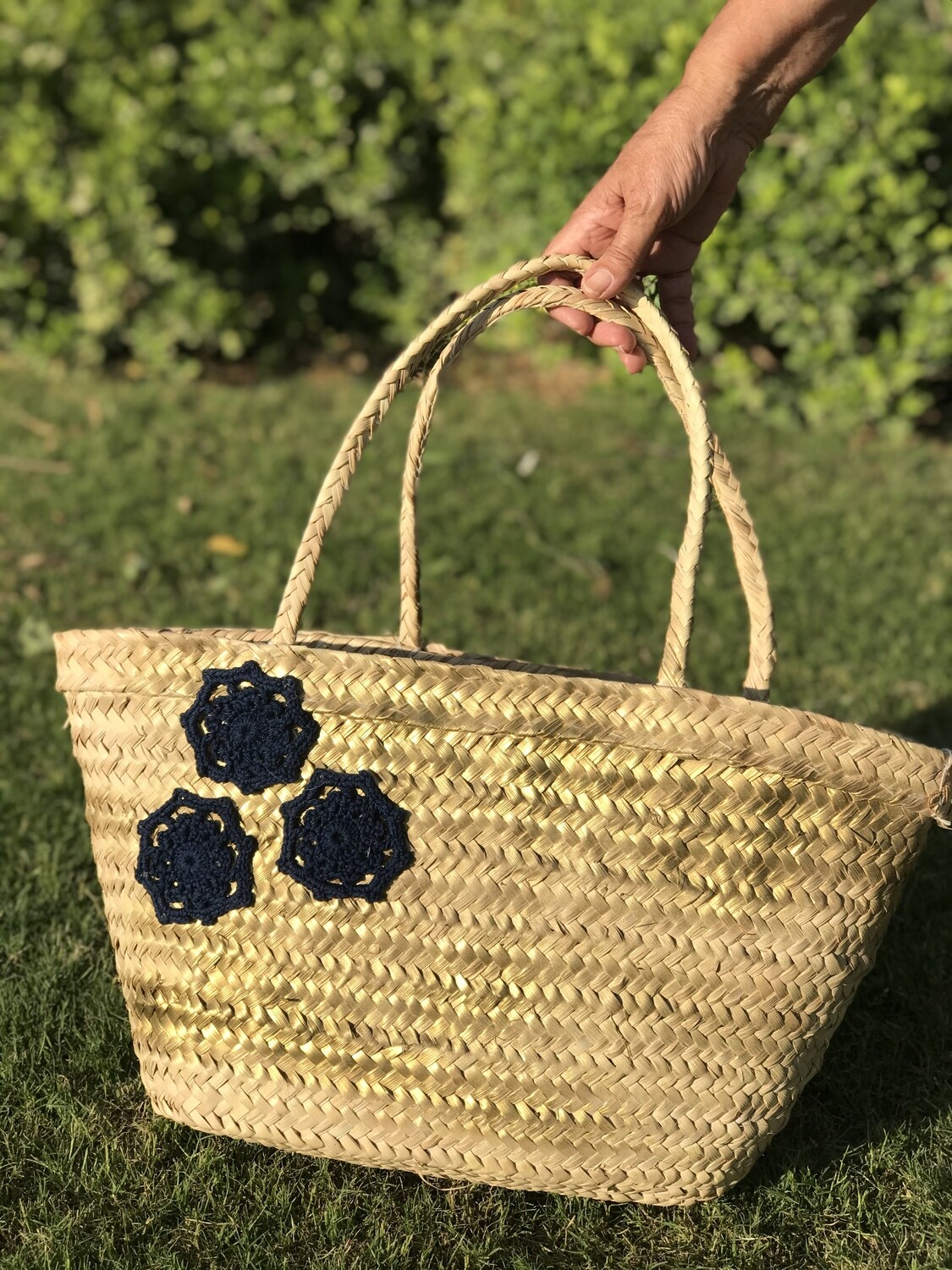 Straw Bag with Navy Blue Crochet Design