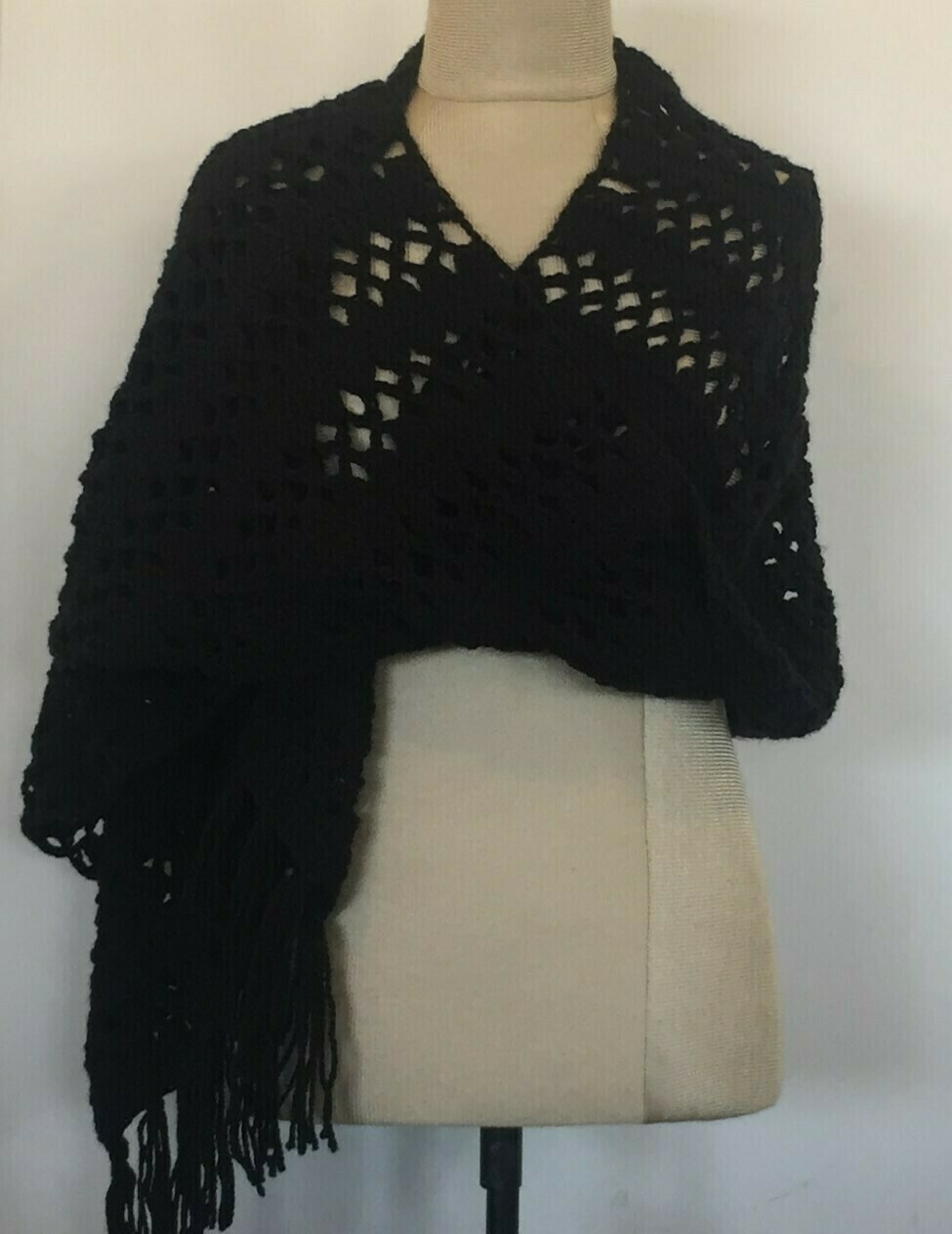 Black Wool Crochet Shawl, 60X180cm