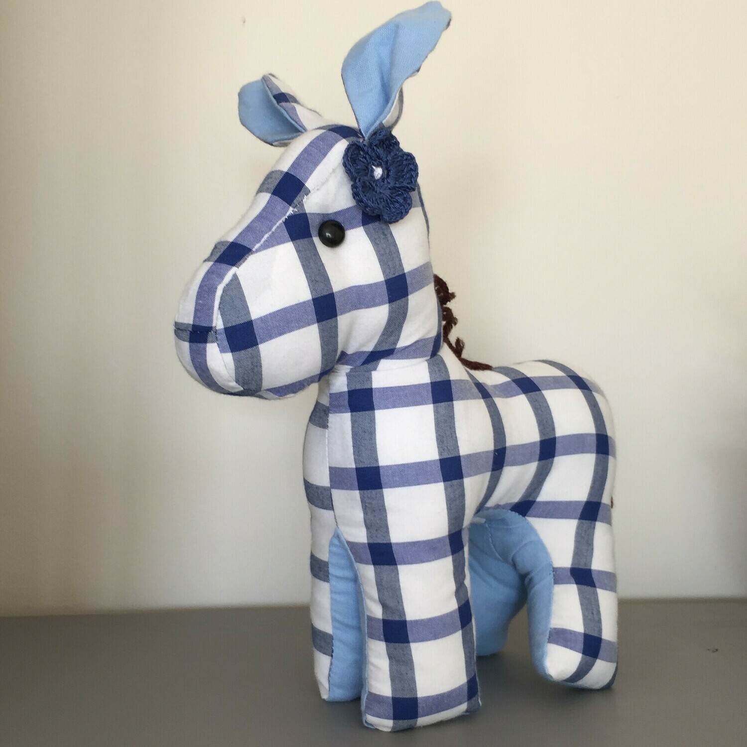 Toy: donkey in checkered navy and white