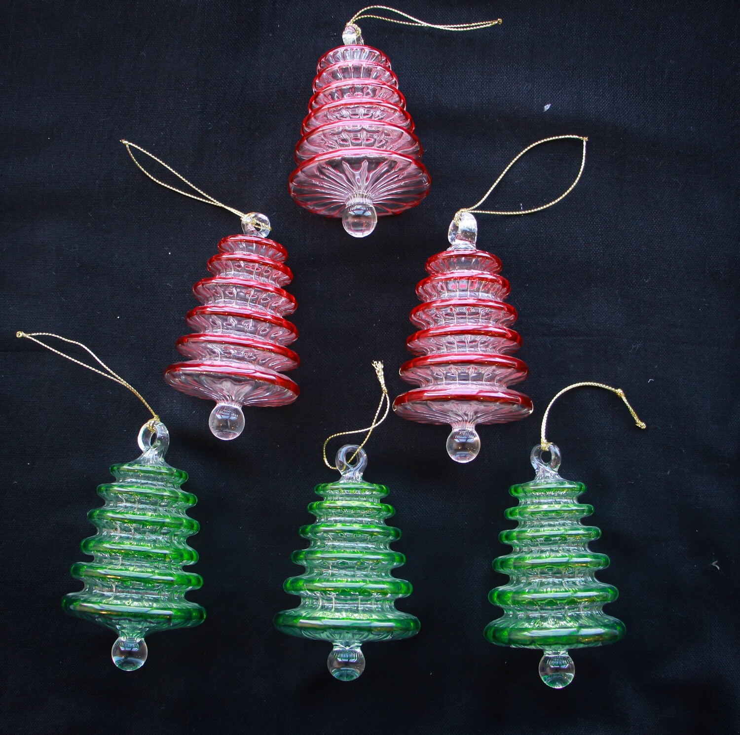 Set of 5 Tree Glass Ornaments (red & green tree combination)