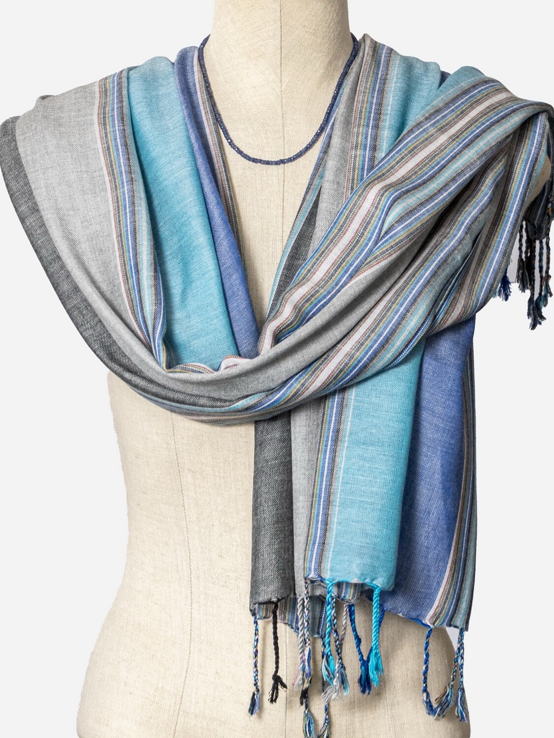 Striped 60cm Wide Shawl Turquoise, Blue and Grey