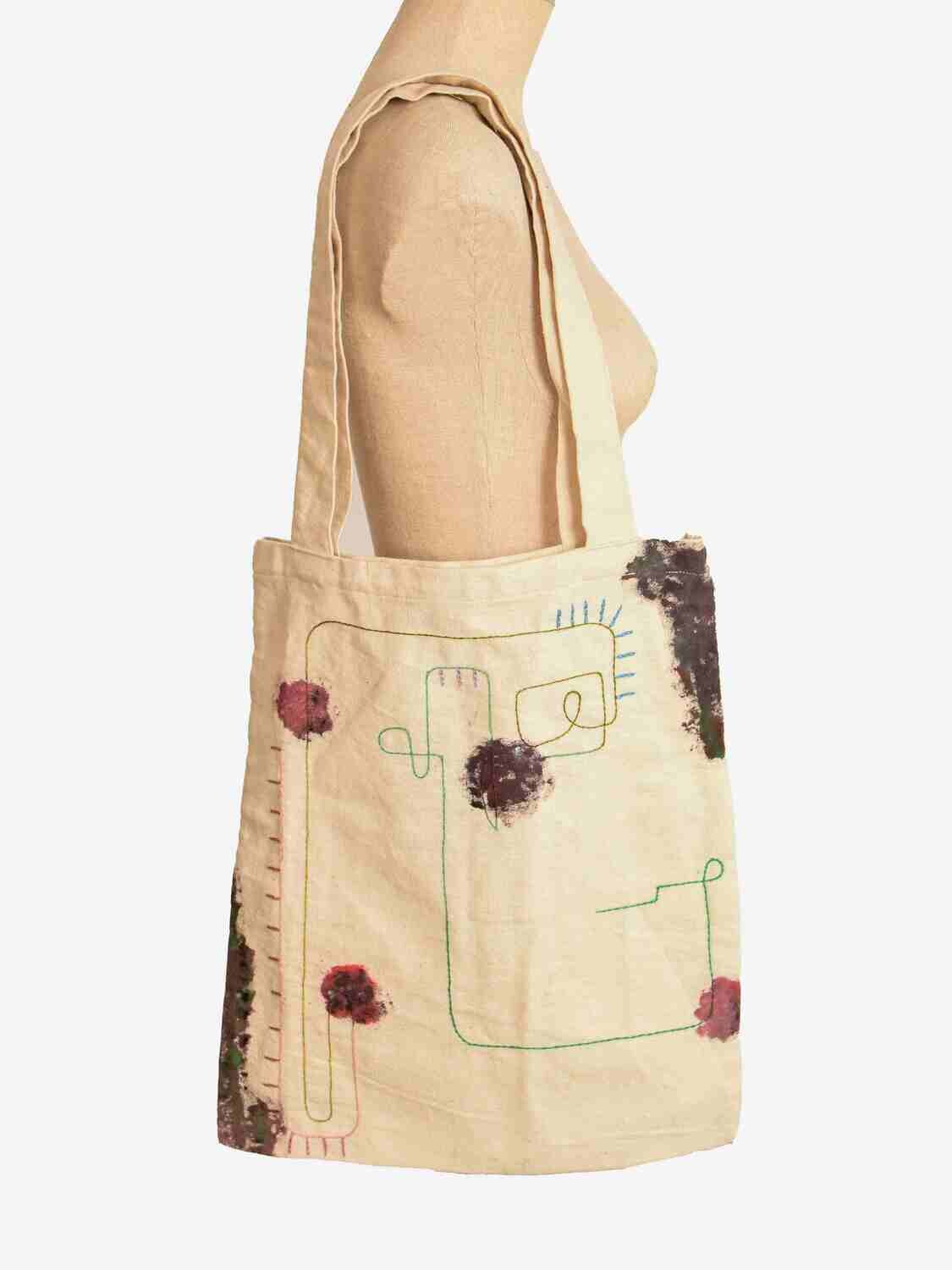 Tote Bag: Hand Painted and Embroidered Off-white