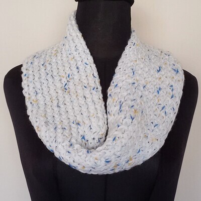 Knit Infinity Scarf white with blue and yellow spots