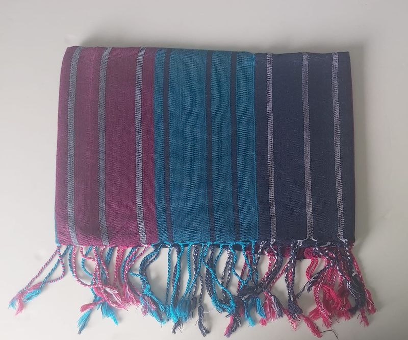 Striped 80cm Wide Shawl: Dark Blue, Turquoise and Fuchsia