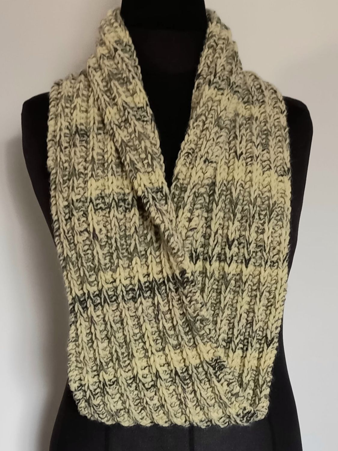 Knit Infinity Scarf, yellow and beige
