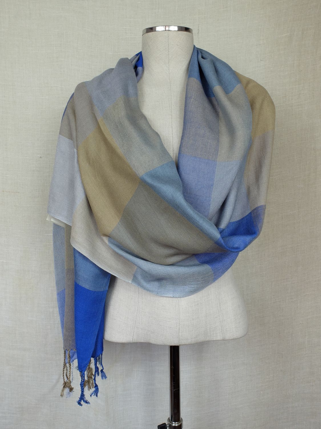 Blue Beige &amp; Grey checkered shawl