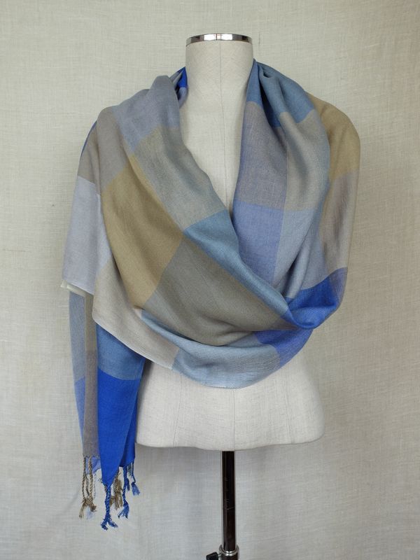 Blue Beige &amp; Grey checkered shawl