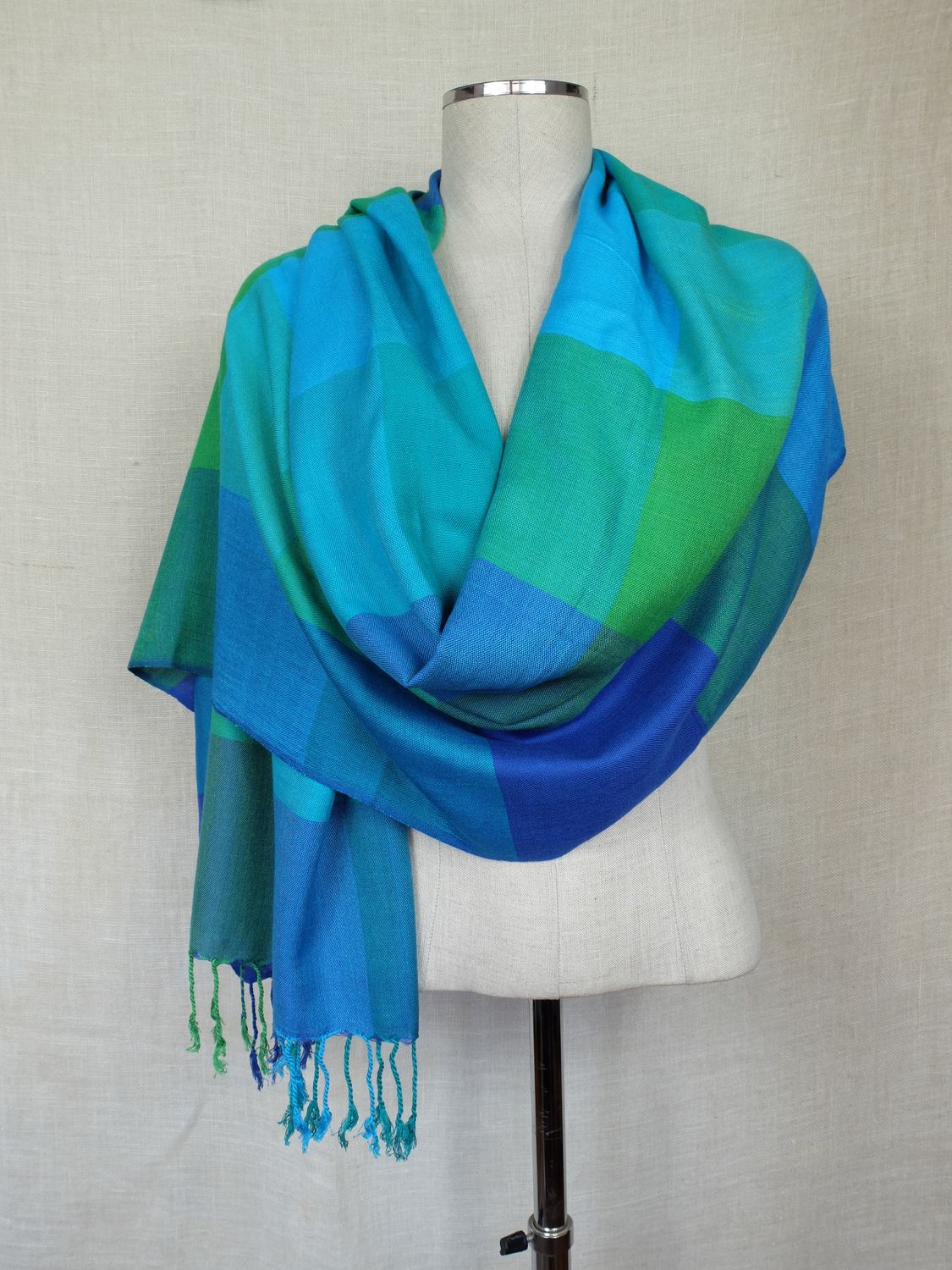 Blue Green &amp; Turquoise checkered shawl