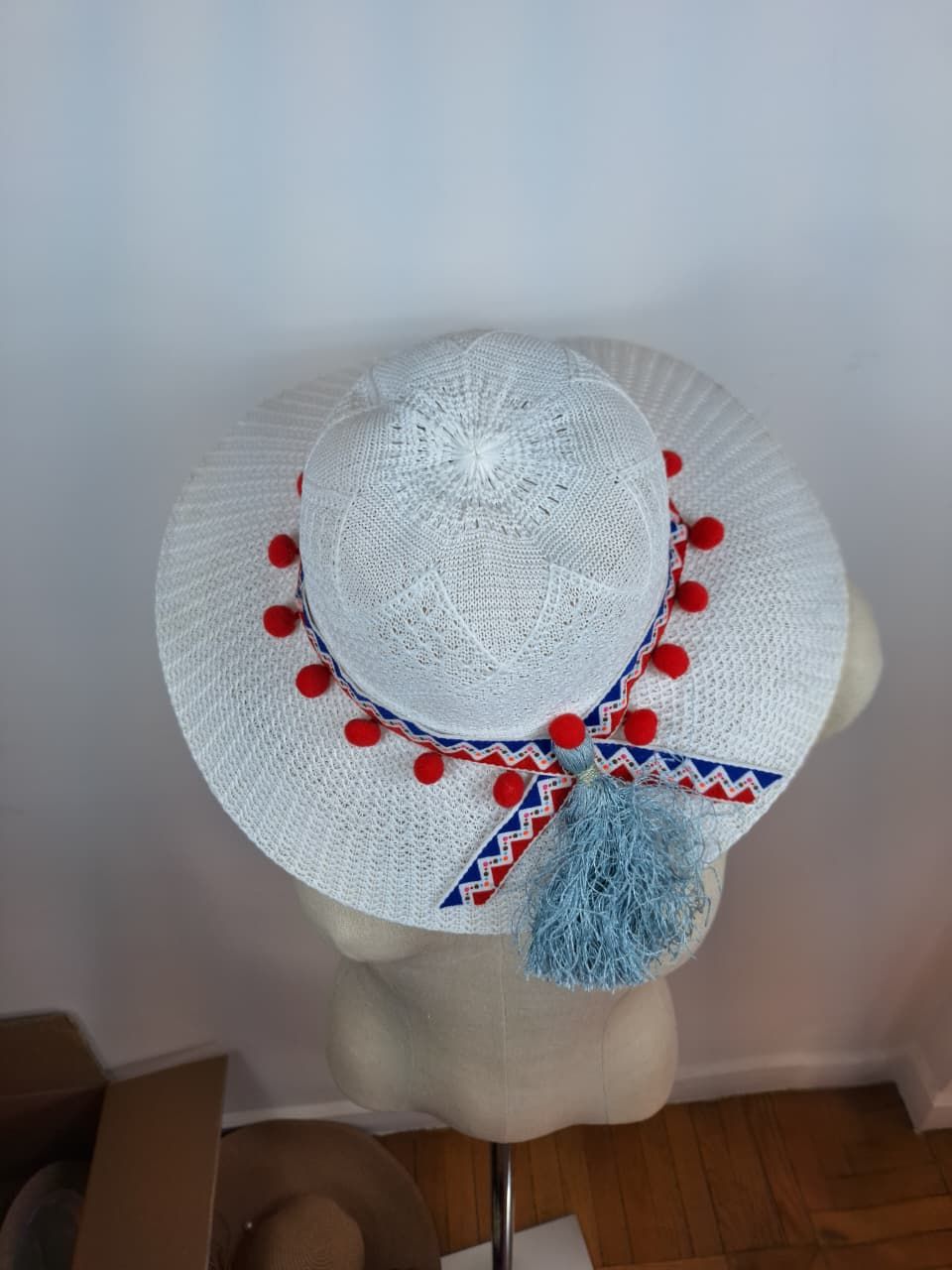 Straw Hat, white with red pompons