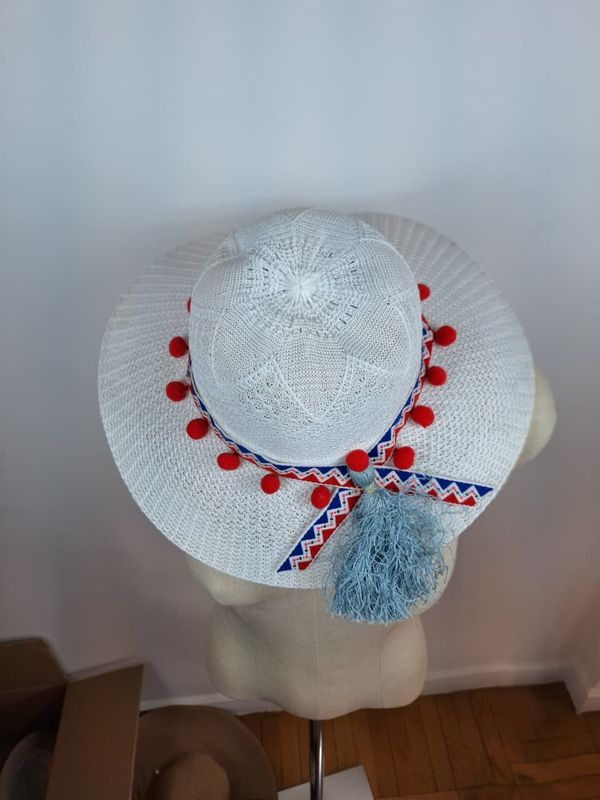Straw Hat, white with red pompons
