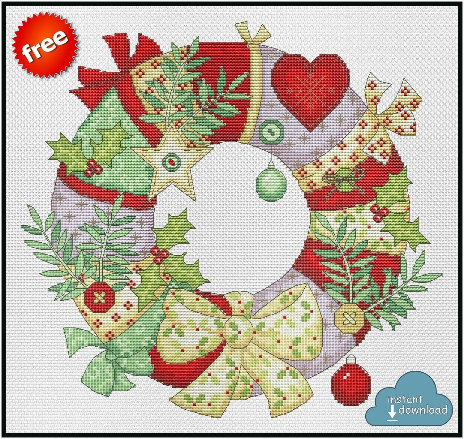 Christmas Wreath Cross Stitch Pattern PDF Color + XSD. Instant Download. FREE