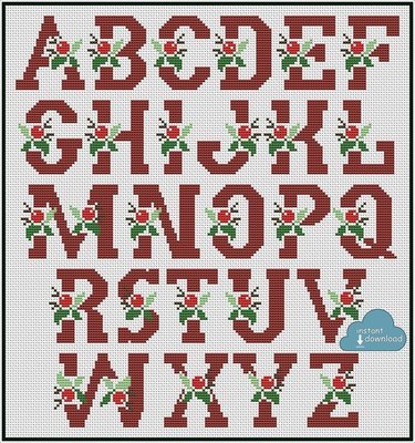 Christmas Berry Alphabet Cross Stitch Pattern PDF + XSD. Instant Download