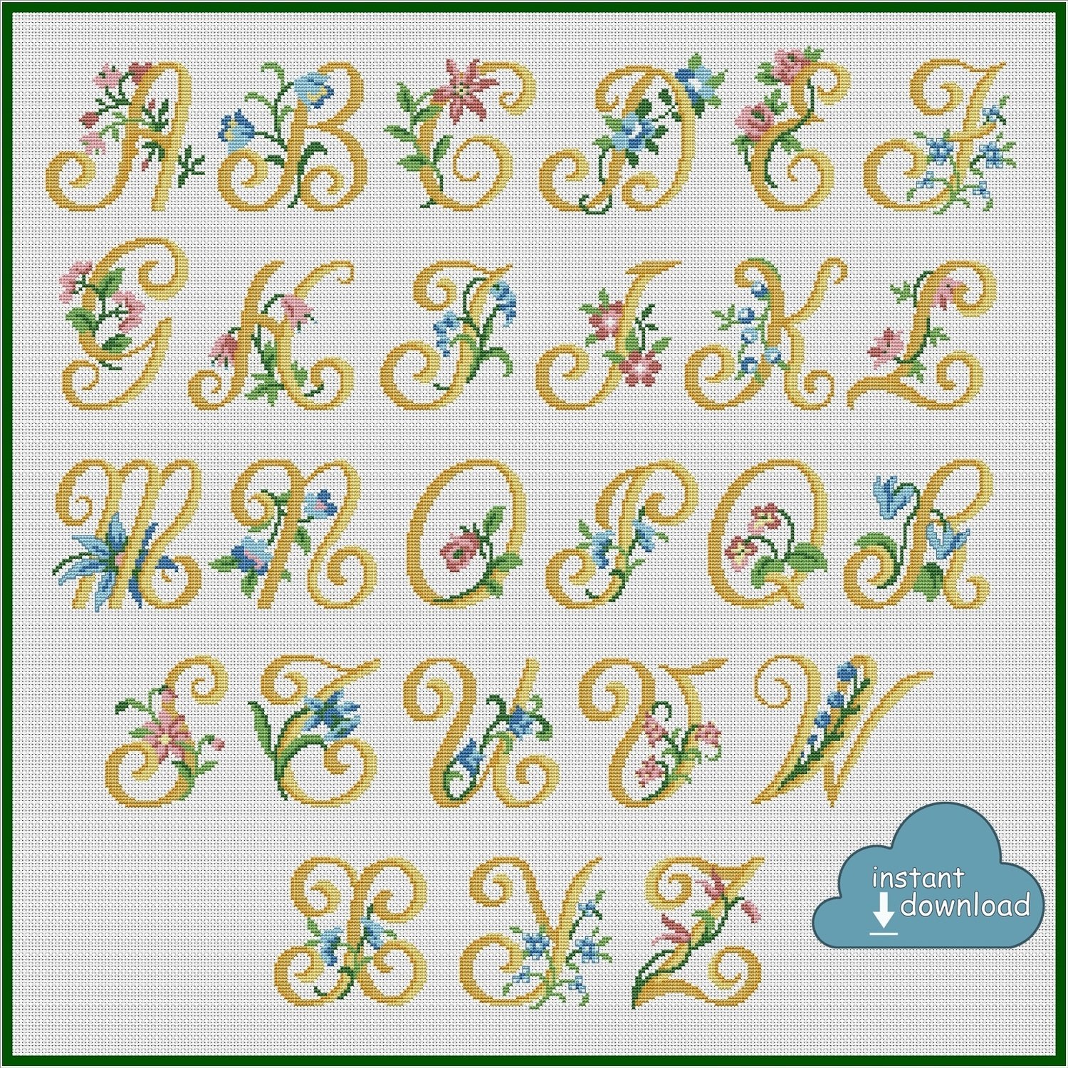 Alphabet Monogram Cross Stitch Pattern PDF + XSD. Flowers ABC Cross Stitch Chart PDF. Instant Download