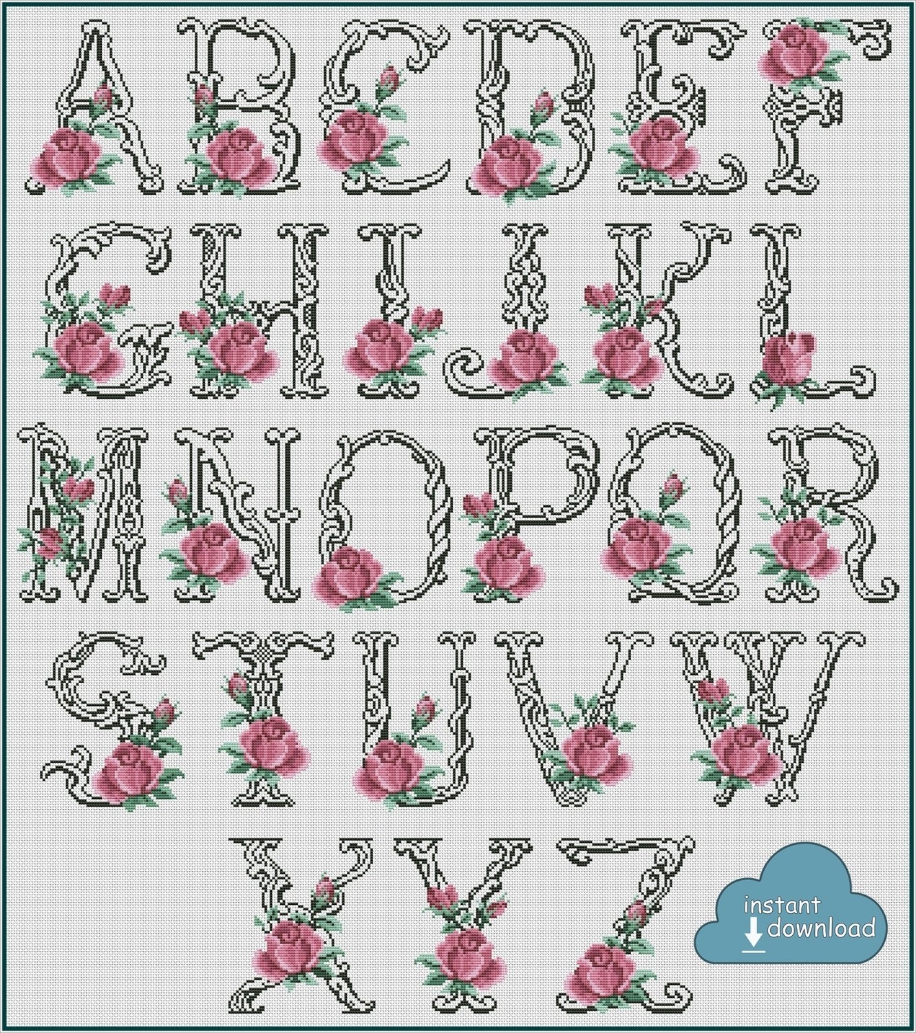 Antique Roses Alphabet Monogram Cross Stitch Pattern PDF + XSD. Instant Download