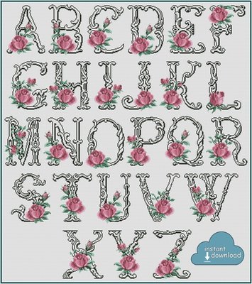 Antique Roses Alphabet Monogram Cross Stitch Pattern PDF + XSD. Instant Download