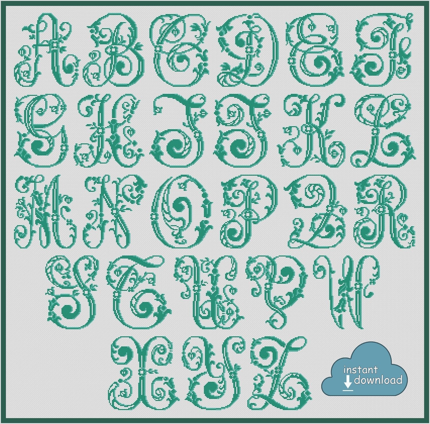 Antique Alphabet Monogram Cross Stitch Pattern PDF + XSD. Floral ABC Cross Stitch Chart PDF. Instant Download