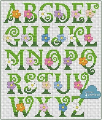 Summer Alphabet Monogram Cross Stitch Pattern PDF + XSD. Flowers ABC Cross Stitch Chart PDF. Instant Download