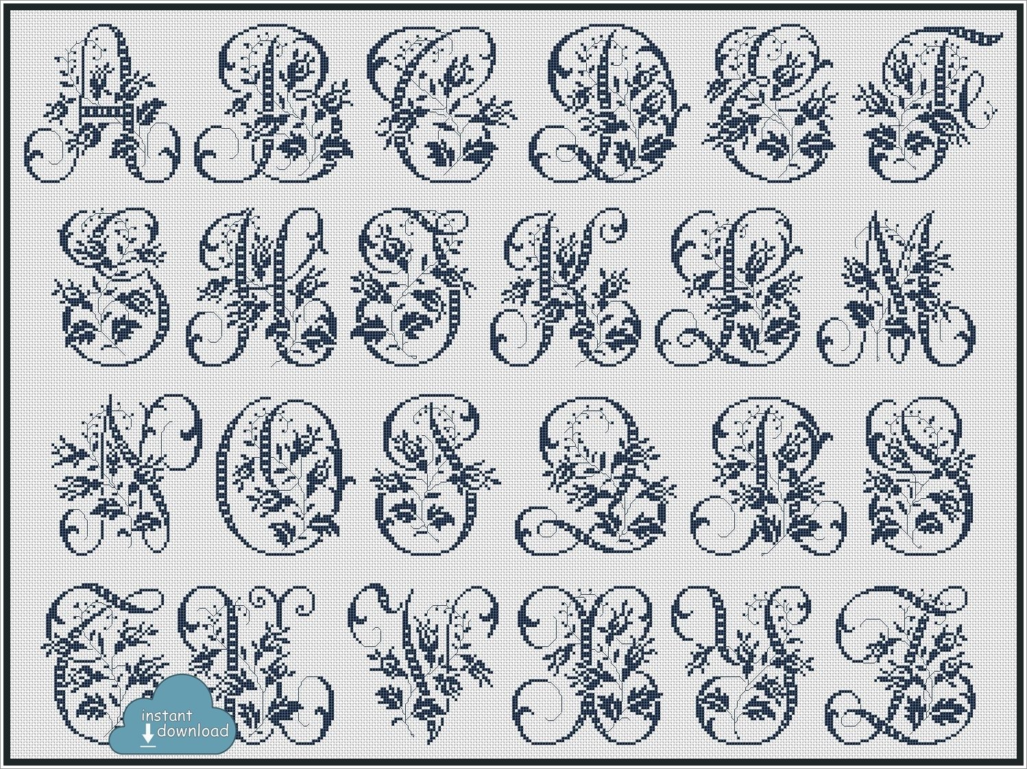 Antique Alphabet Monogram Cross Stitch Pattern PDF + XSD. Wild Roses ABC Cross Stitch Chart PDF. Instant Download