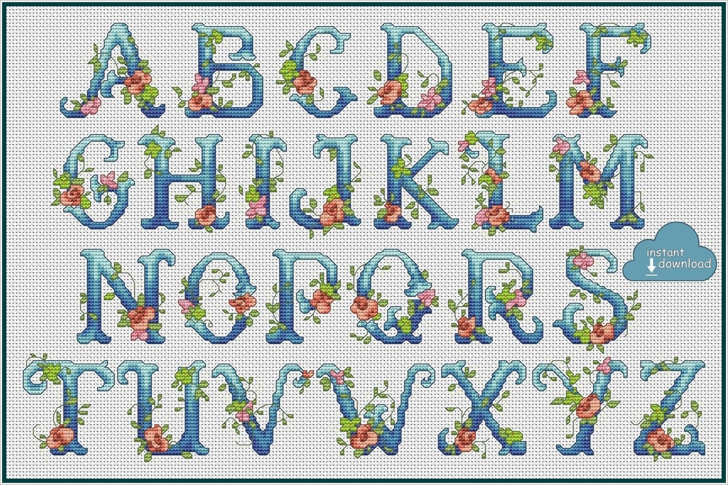 Floral Alphabet Monogram Cross Stitch Pattern PDF + XSD. Flowers ABC Cross Stitch Chart PDF. Instant Download