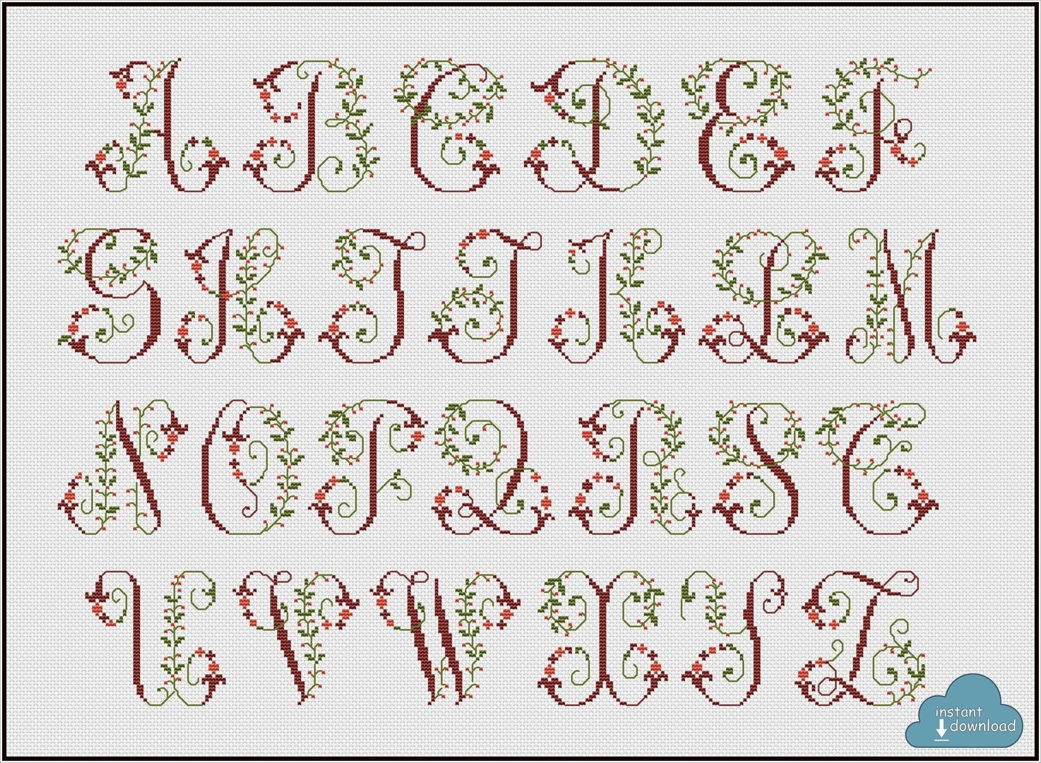 Vintage Floral Alphabet Monogram Cross Stitch Pattern PDF + XSD. Flowers ABC Cross Stitch Chart PDF. Instant Download