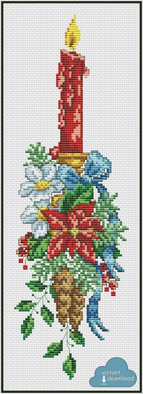 Christmas Candle Cross Stitch Pattern PDF + XSD. Christmas Flowers Cross Stitch Chart. Instant Download.