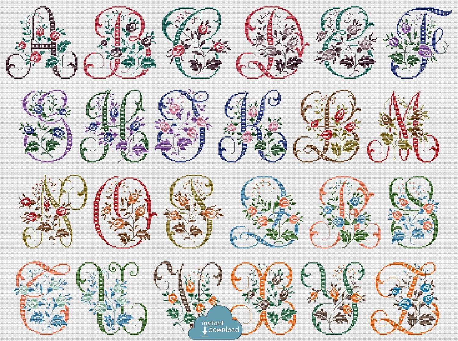 Letter I Cross stitch pattern Floral Alphabet PDF instant download