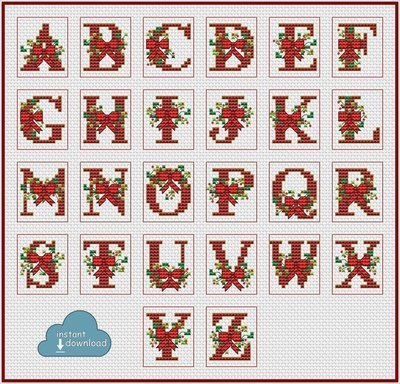 Christmas Alphabet Monogram Multi-Color Cross Stitch Pattern PDF + XSD. Bows ABC Cross Stitch Chart PDF. Instant Download