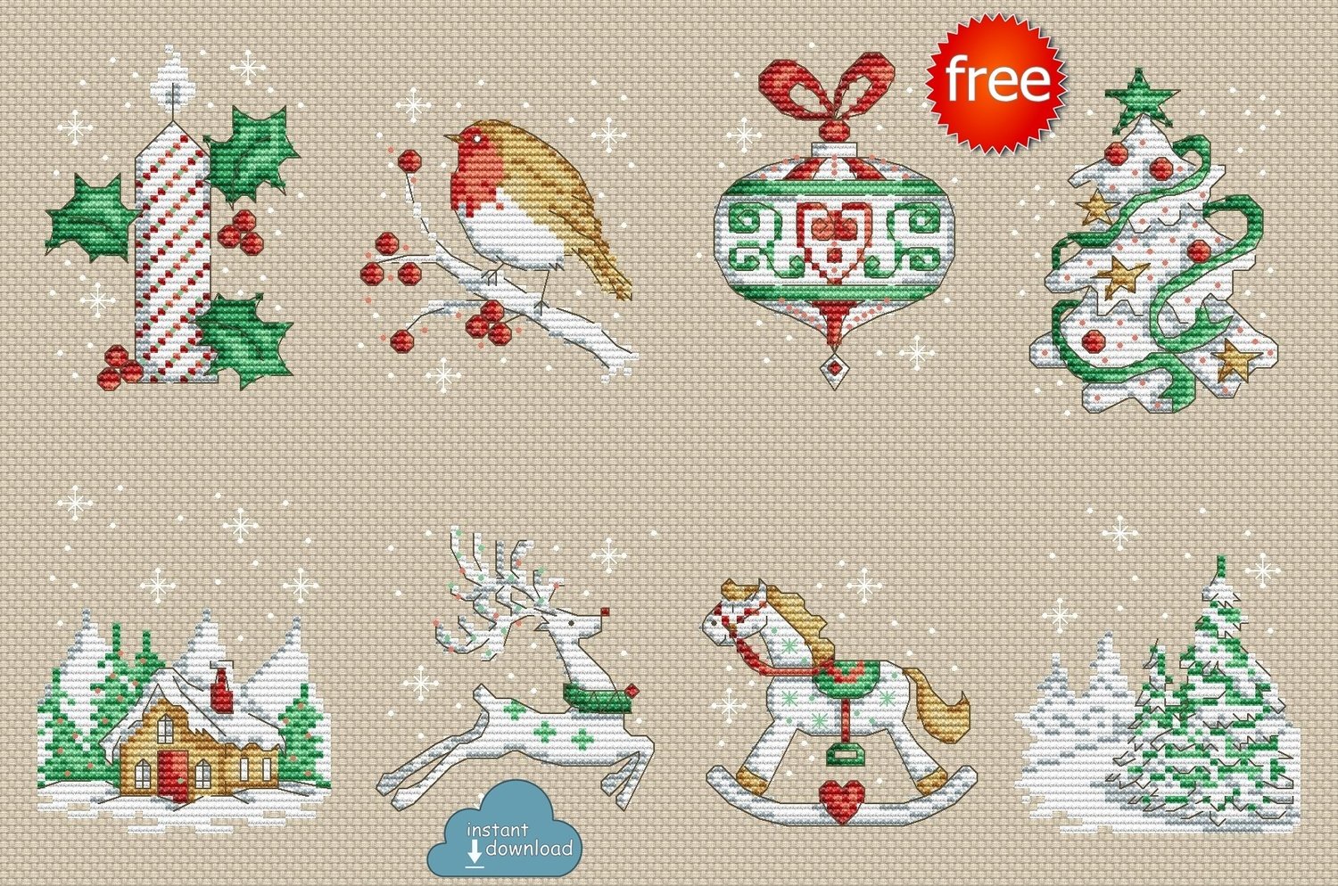 Christmas Motifs Set Cross Stitch Pattern PDF + XSD. Instant Download. Free