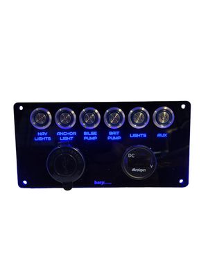 Standard 6 way back-lit switch panel with Volt meter &amp; USB Charger