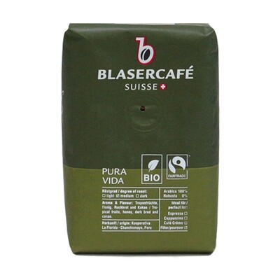 Пачка кави в зернах Blasercafe Pura Vida БІО 250 г, 100% арабіка з Перу, зелена  упаковка