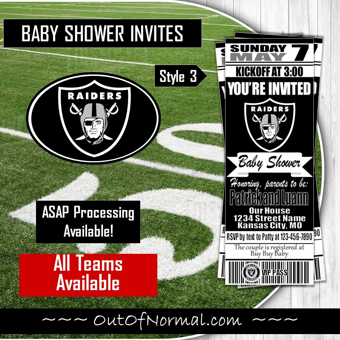 Oakland Raiders NFL Football Ticket Style Invitation