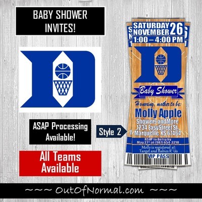 Duke Blue Devils Baby Shower Invitation Ticket Style