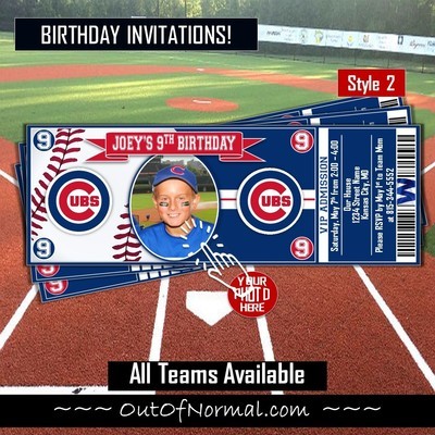 Chicago Cubs Photo Children's MLB Baseball Birthday Invitation Ticket Style