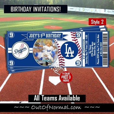 Los Angeles Dodgers LAD Photo MLB Baseball Birthday Invitation Ticket Style