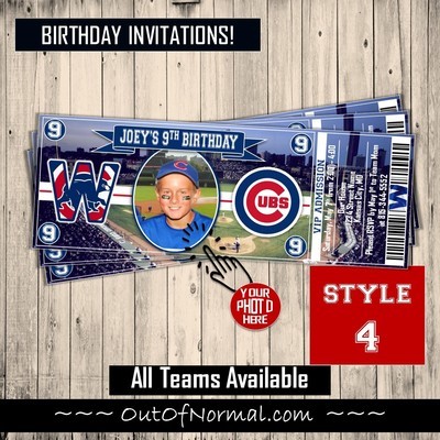 Chicago Cubs Photo Children's MLB Baseball Birthday Invitation Ticket Style