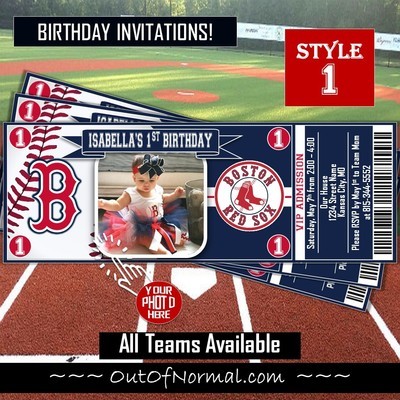 Boston Red Sox Fenway Photo MLB Baseball Birthday Invitation Ticket Style