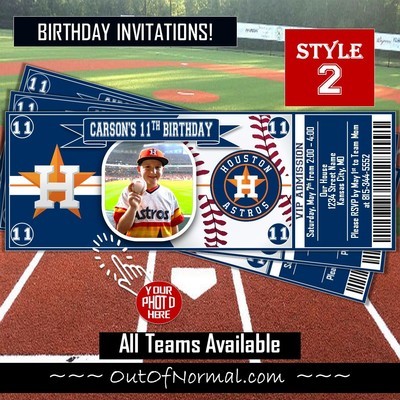 Houston Astros Photo MLB Baseball Birthday Invitation Ticket Style