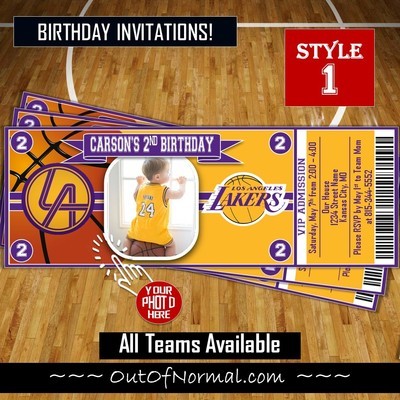 Los Angeles LA Lakers Photo NBA Basketball Birthday Invitation Ticket Style