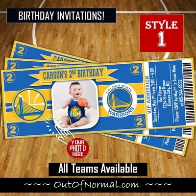 Golden State Warriors GSW DubNation Photo NBA Basketball Birthday Invitation Ticket Style