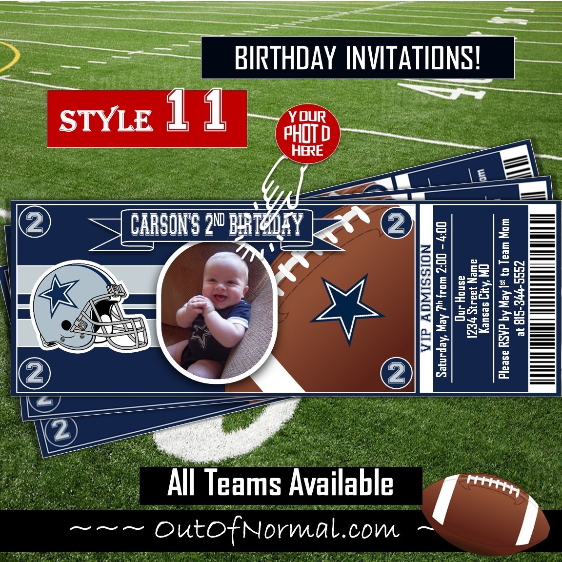 Dallas Cowboys NFL Football Birthday Invitation Ticket Style