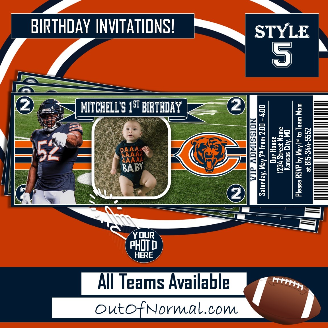 Chicago Bears NFL Football Birthday Invitation Ticket Style