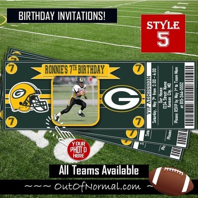 Green Bay Packers GB NFL Football Birthday Invitation Ticket Style
