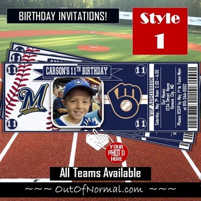 Milwaukee Brewers Photo MLB Baseball Birthday Invitation Ticket Style