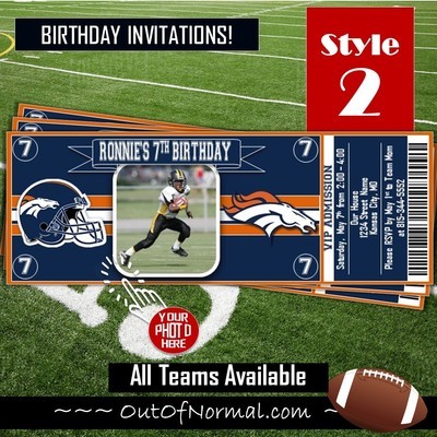 Denver Broncos NFL Football Birthday Invitation Ticket Style